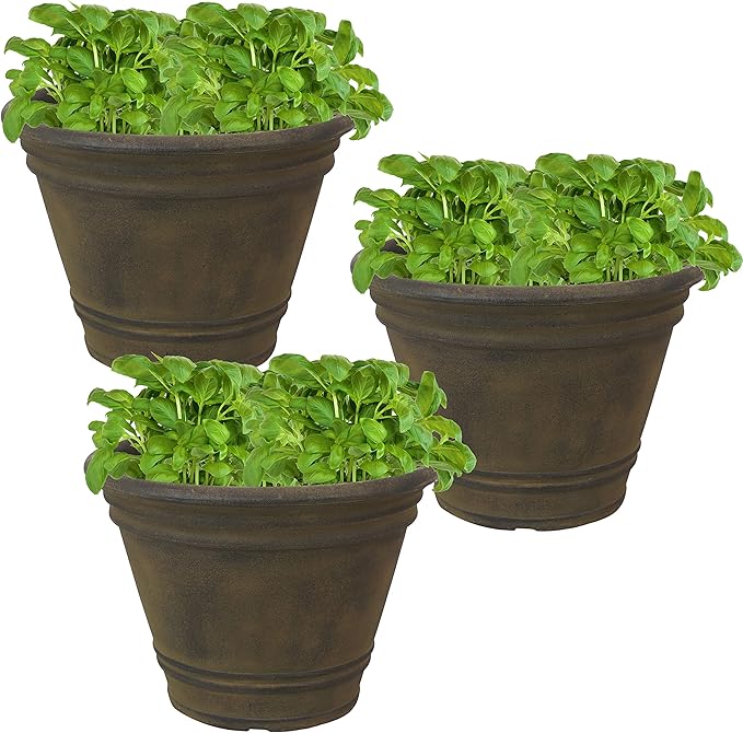 Sunnydaze 20-Inch Franklin Large Plant Pot - Polyresin Round Outdoor Planter with Drillable Drainage Hole - 3 Pack - Sable