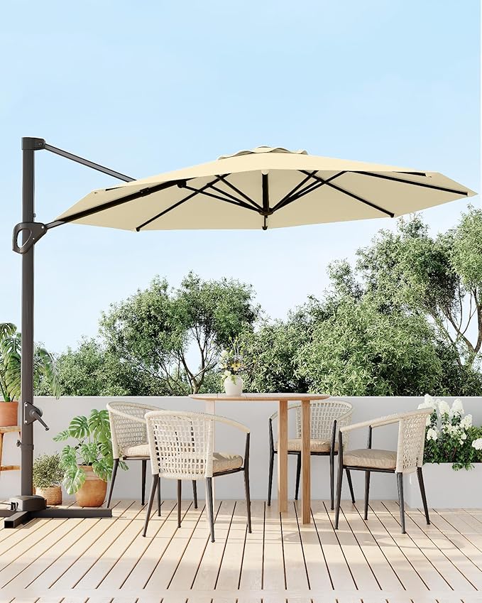 GarveeLife 10FT Patio Umbrella Outdoor Large Cantilever Umbrella Market Sun Shade Windproof Offset Umbrella with 360-Degree Rotation for Garden Deck Pool Patio, Beige