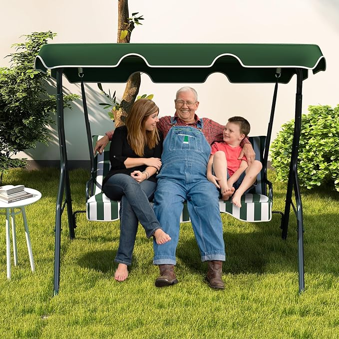 Tangkula 3 Person Porch Swing, Patio Swing with Removable Cushion & Powder-Coated Steel Frame, Outdoor Swing with Canopy for Porch, Backyard, Garden, Balcony (Green)