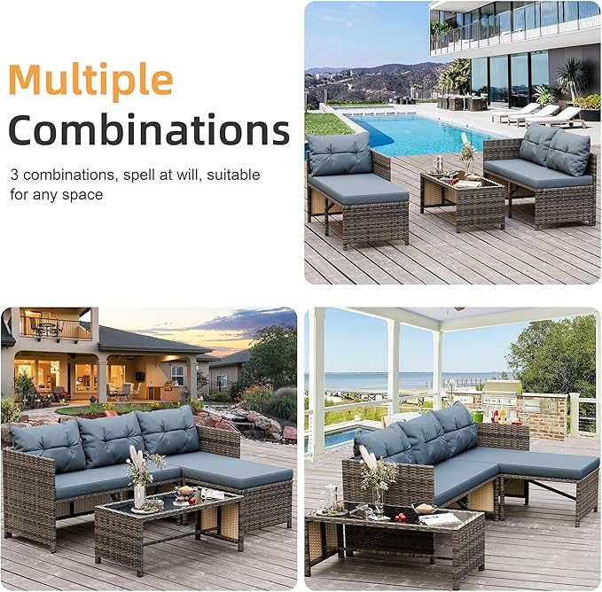 Shintenchi 3-Piece Outdoor Patio Furniture Sets, Wicker Patio Conversation Sets, All Weather Wicker Rattan Patio Seating Sofas with Glass Coffee Table and Cushion, Blue-Gray