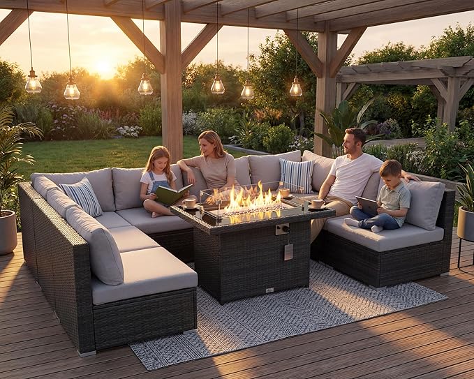 NICESOUL 29.3'' High Back Outdoor Patio Furniture Set with Firepit Natural Gas & Propane, 9 Piece Extra Large Conversation Set with Fire Pit Table, Modern Deep Wide Modular Wicker Sofa Couches, Gray
