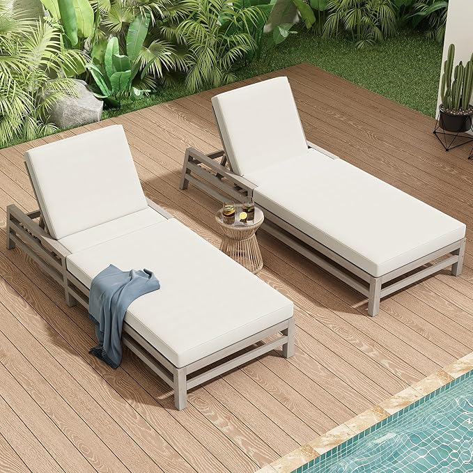 LUMISOL Outdoor Chaise Lounge Chairs Set of 2, Solid Wood Patio 5-Position Adjustable Recliner Chair with Thick Cushions, Weather-Resistant for Pool, Balcony, Garden, Grey