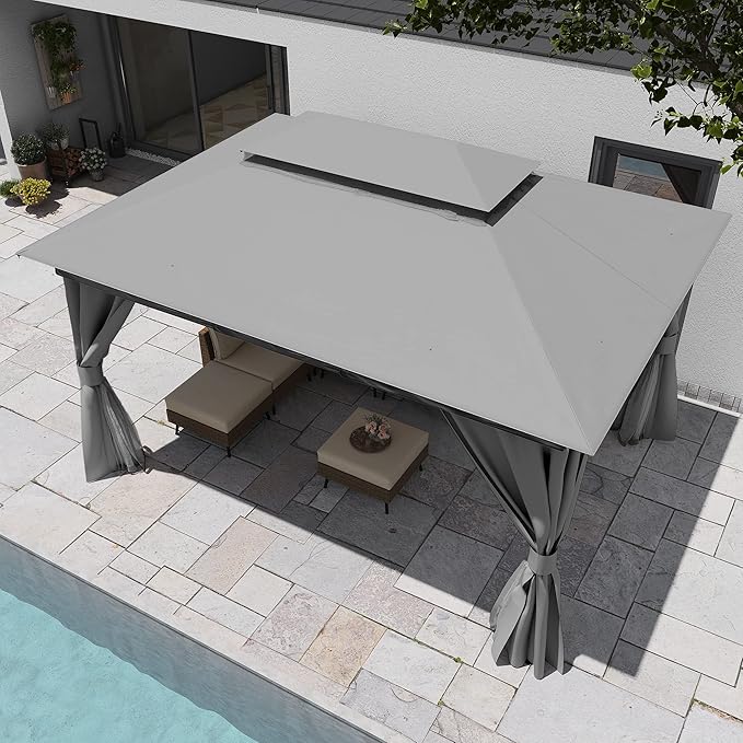LAUSAINT HOME Semi-Permanent Outdoor Patio Gazebo 10'x13', Heavy Duty Party Tent Shelter with Double Roofs, Mosquito Nettings and Privacy Screens for Backyard, Garden, Lawn, Gray