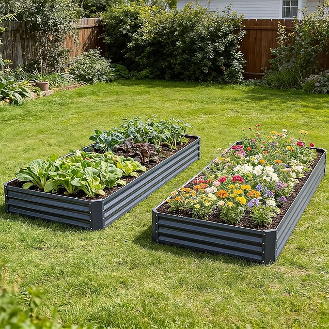 INNO STAGE 2 Pcs 8×4×1ft Galvanized Raised Garden Bed Kit, Galvanized Planter Raised Garden Boxes Outdoor, Large Metal Raised Garden Beds for Vegetables, Flowers, Herbs, and Succulents, Grey