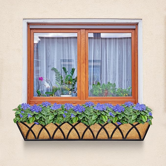 30 Inch Window Deck with Coco Liner Set of 2, 30" Window Boxes Horse Trough with Coconut Coir Liner,Metal Hanging Flower Planter Window Basket Deck Railing Planter Boxes for Outdoor Indoor Lawn