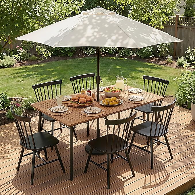 Flamaker Acacia Wood Patio Outdoor Dining Table for 6, Outdoor Table with Umbrella Hole and Metal Legs for Garden, 63’’L x 36’’ W x 30’’ H