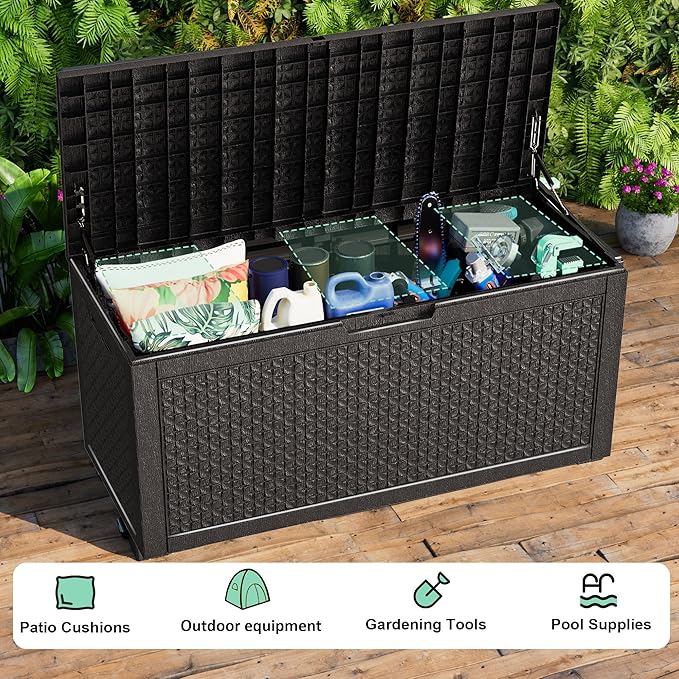 121 Gallon Waterproof Outdoor Storage Box,Resin Deck Box,Lockable Outside Storage Box Container for Patio Furniure,Garden,Pool Tools (121 Gallon,Black)