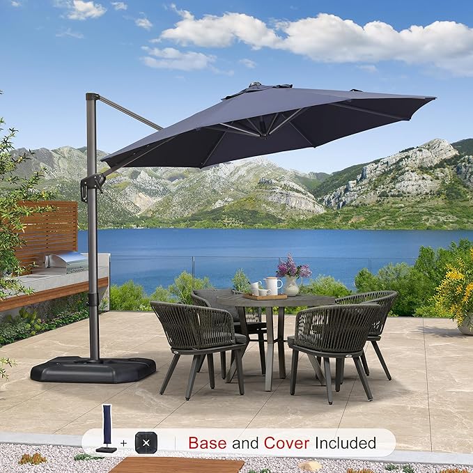 PURPLE LEAF 10 Feet Patio Umbrella with Base and Cover Round Outdoor Cantilever Umbrella Aluminum Offset Umbrella with 360-degree Rotation for Garden Deck Pool Patio Navy Blue