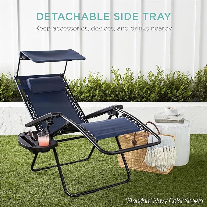 Best Choice Products 30” Wide Folding Zero Gravity Outdoor Recliner Patio Lounge Chair w/Adjustable Canopy Shade, Headrest, Side Accessory Tray - Carnation