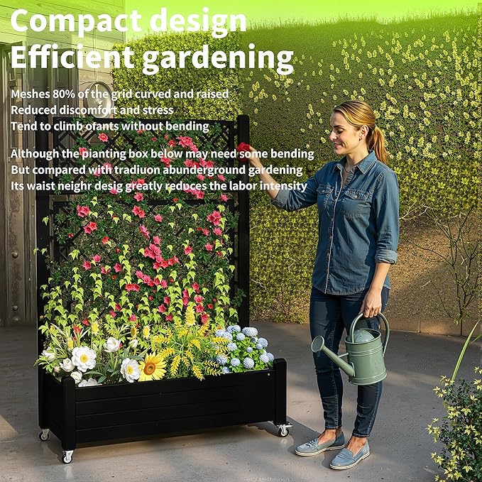 Raised Garden Bed with Trellis, 21 Gallon Self Watering Planter Box with Lockable Wheels & Drainage Holes for Climbing Plants Vegetables Flowers, Anti-Rust Resin for Backyard Patio (Black)