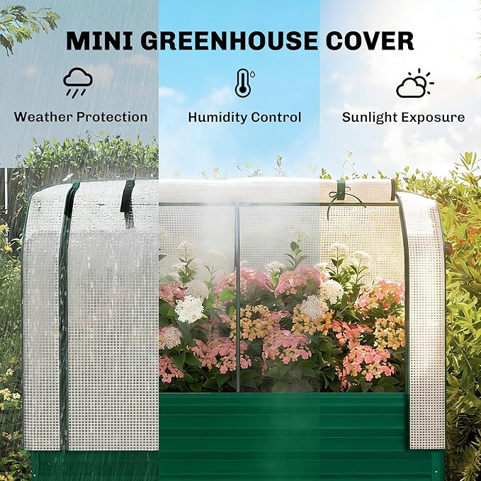 Outsunny Galvanised Raised Garden Bed with Greenhouse Cover, Metal Elevated Garden Bed with Legs, Bed Liner and Bottom Shelf, Outdoor Raised Planter Box for Vegetables, Herbs, Flowers, Green