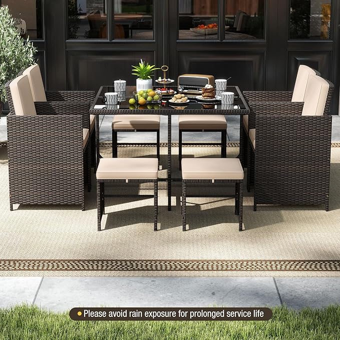 Tangkula 9 Piece Patio Dining Set, Rattan Chairs with Tempered Glass Table & Ottoman, Space Saving Wicker Sectional Conversation Set with Removable Cushions, Outdoor Furniture for Backyard Garden Deck