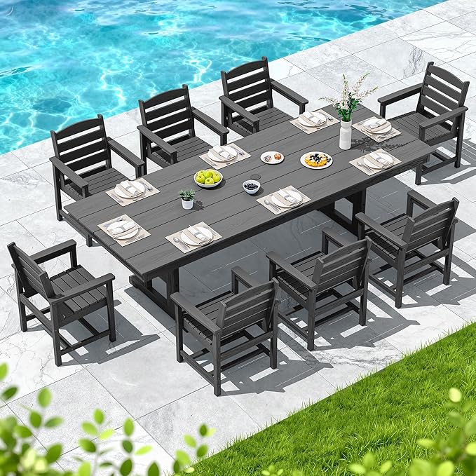 SERWALL 9 Piece Outdoor Dining Set, 84" HDPE Outdoor Table and Chairs for 8，All Weather Patio Furniture Set with Umbrella Hole for Backyard, Garden, Black