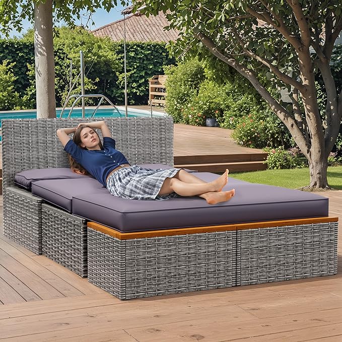 Flamaker Outdoor Rattan Lounge Chair with 2 Side Tables, Multifunctional Outdoor Patio Daybed with Footrest, Cushions, Storage Ottoman,Chaise Lounge Chair for Backyard Porch Poolside(Grey)