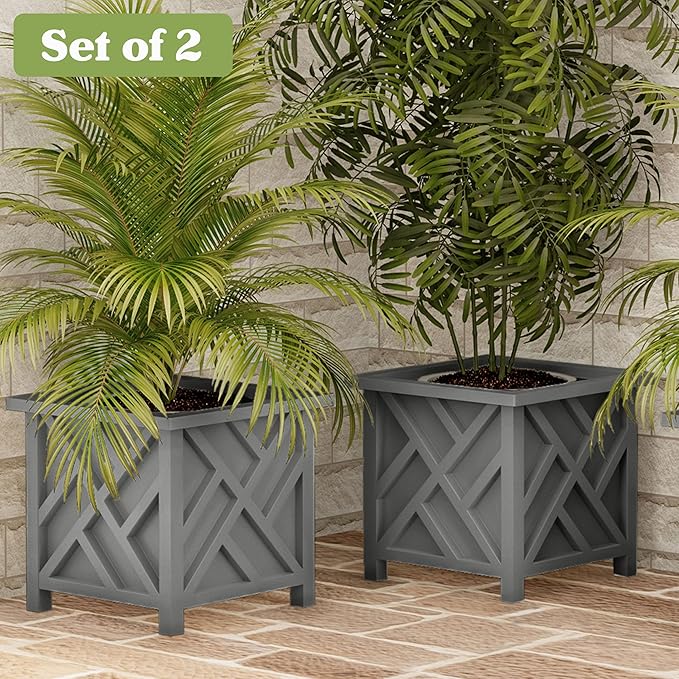 Lattice Design Outdoor Planter Box 2-Pack - 14.75” Square 13” Tall Gray Decorative Plant Pots for Front Porch Decor - Flower Pots Outdoor Planters for Porch Patio or Garden Decor by Pure Garden