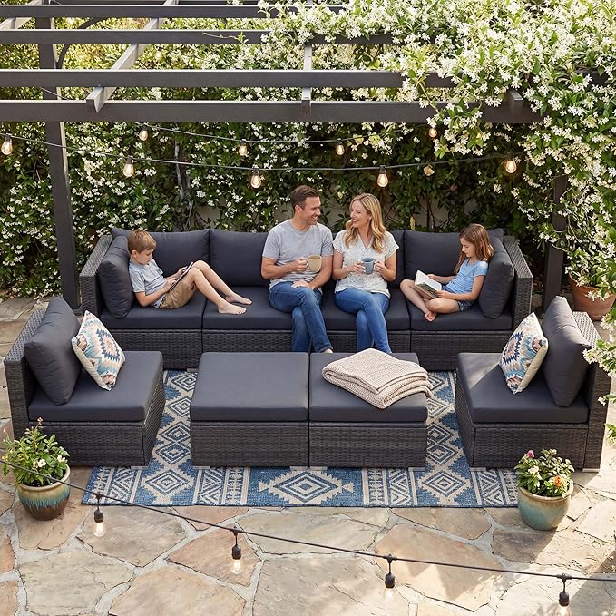 NICESOUL 8 Seater Modern Luxury Outdoor Furniture Set, Extra Large PE Wicker Patio Modular Sectional Sofa with Ottoman, 29.3'' High Back L-Shaped All-Weather Conversations, Deep Seated Grey Color