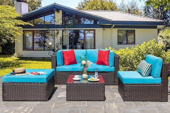 Vongrasig 5 Piece Furniture Sets, All-Weather Brown PE Wicker Outdoor Couch Sectional Small Patio Conversation Garden Sofa Set w/Ottoman, Glass Table, Blue