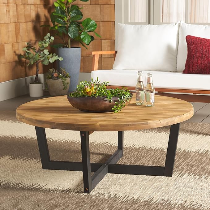 SAFAVIEH Outdoor Collection Leo Natural/Black 4-Leg Round Coffee Table, Ideal for Deck, Patio, Backyard, Sunroom