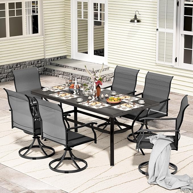 LEVELEVE 7 Piece Outdoor Patio Dining Set with 6 Swivel Dining Chairs & 1 Large Round Dining Table,Bistro Furniture Set for Lawn, Garden, Deck, Backyard and Porch
