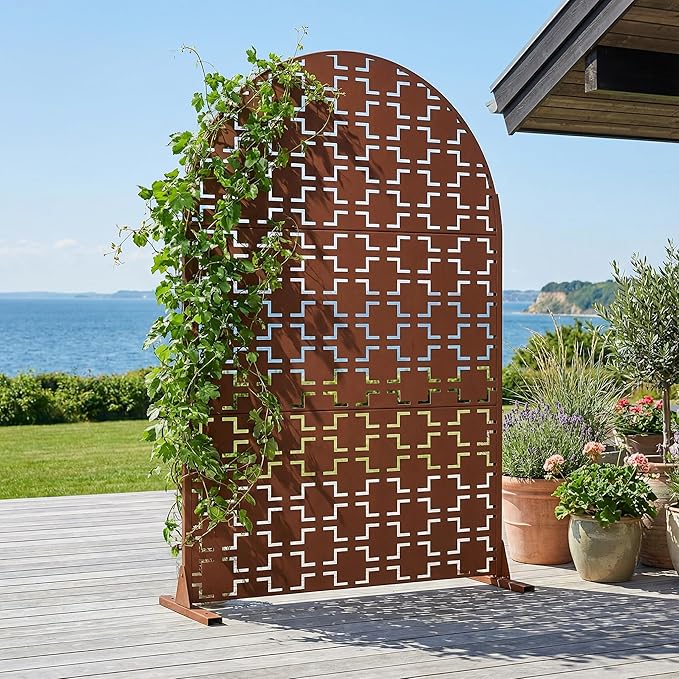 Casaphoria 72" H x 47" W Arched Metal Privacy Screen - Elegant Freestanding Outdoor Screen for Deck, Patio & Balcony - Versatile Decorative Privacy Panels for Home & Garden Use (Brown-Square)