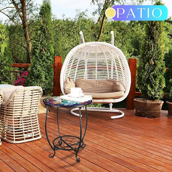 Outdoor Side Table Round Small Mosaic Patio Accent Indoor End Plant Coffee Tea Table for Yard Patio Porch Garden Living Room, Bedroom(Mermaid Style,14 Inch)