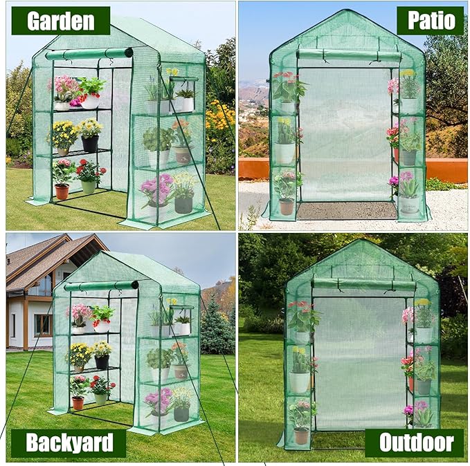 Greengro Greenhouse, 28 x 57 x 76'' Greenhouses for Outdoors, Small Plant Green House with Screen Windows, 3 Tiers 4 Shelves, Durable PE Cover, Plastic Portable Walk in Greenhouses for Outside Indoor