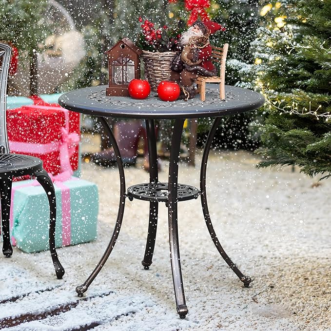 DWVO 25 Inches Round Patio Dining Table with Umbrella Hole, Antique Cast Aluminum Outdoor Bistro Table Outdoor Side Table for Backyard, Garden, Patio, Porch, Hammered Bronze