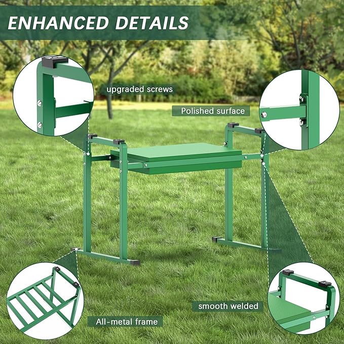 FLINTER Garden Kneelers Seat, Stable and Save Tip-Resistant Design 10.2" Wider Garden Kneeler and Seat with Handle, Heavy Duty Gardening Stool for Seniors, Gardening Weeding Bench for Parents - Green