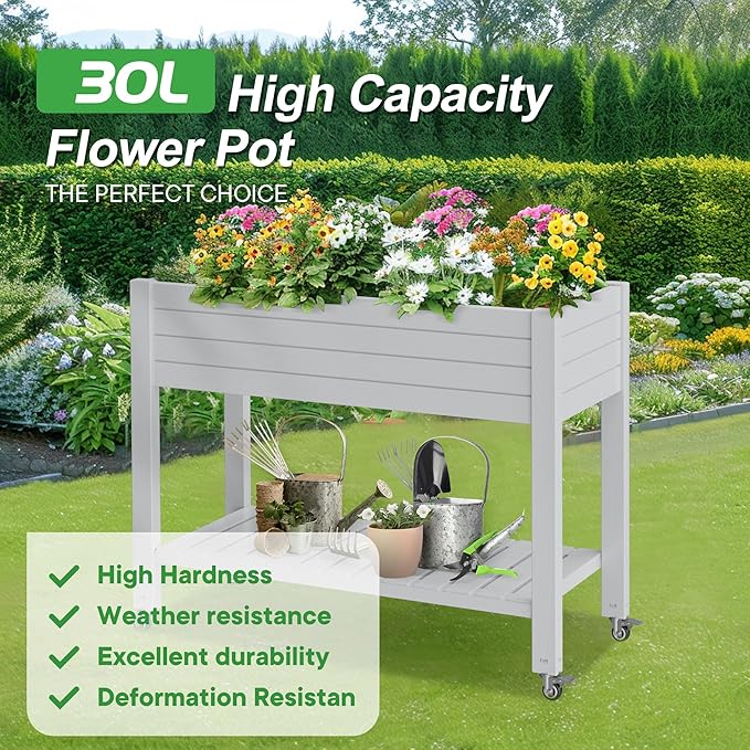 Raised Garden Bed with Legs, 33.66" Tall Self-Watering Resin Planter Box with Lockable Wheels Drainage Plug and Gauge for Vegetables, Flowers, Storage Shelf for Tools and Accessories (Ashen)