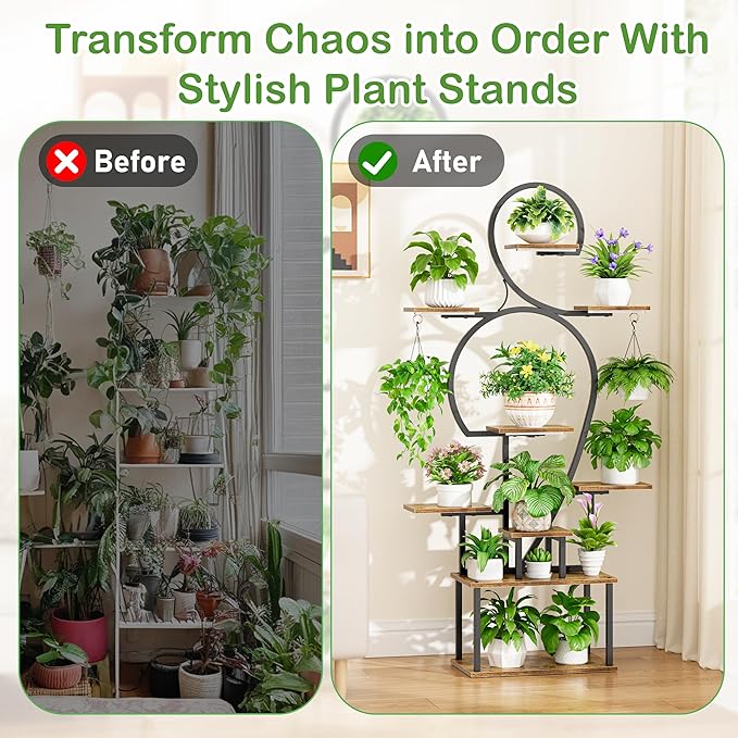 POZILAN Plant Stand Indoor with Grow Light - 9 Tiered 63" Tall Indoor Plant Shelf for Multiple Plants, Large Plant Shelf with Grow Light, Lighted Plant Stand for Indoor Plants