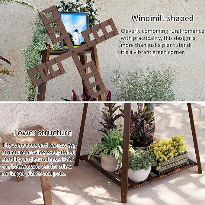COPREE 3-Tier Tower Plant Stand Display Rack with Windmill Top,Bamboo Vintage Flower Pot Holder Shelf for Patio Balcony Decoration