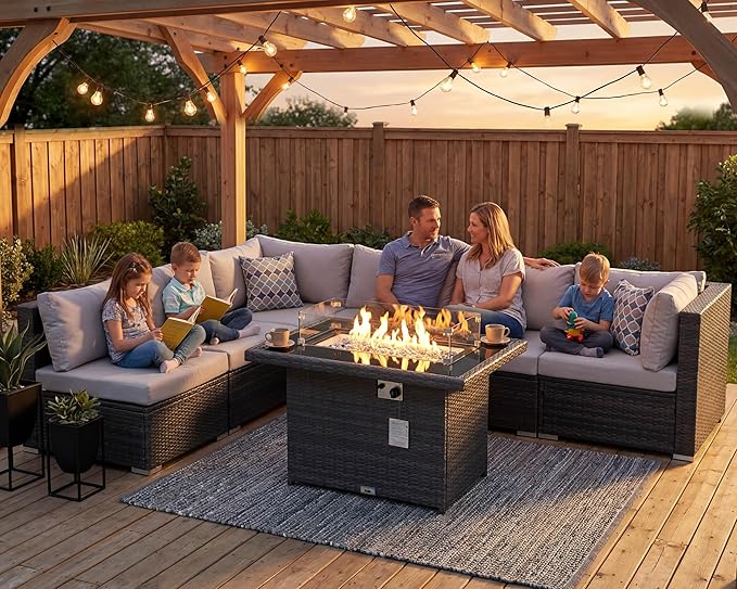 NICESOUL High-End Outdoor Patio Furniture Set with Natural Gas/Propane Firepits, 7 Piece Large Wicker Sectional Couches with Fire Table, 29.3'' High Back Deep Seating Comfy Conversation Sofas, Gray