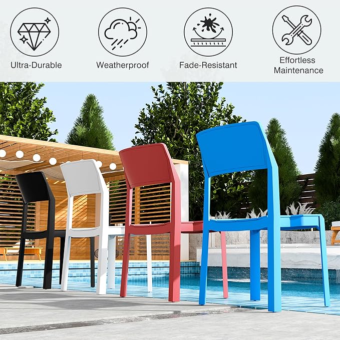 VECELO 4 Pack Stackable Dining Chairs, Plastic Patio Chairs for Indoor Outdoor Use in Kitchen, Poolside, No Assembly, Matte White