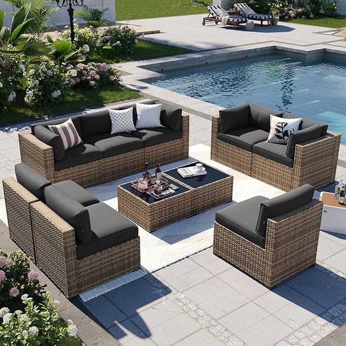 Aoxun Patio Furniture Sets, 10-Piece Outdoor Patio Furniture with Thick Cushions, Wicker Outdoor Conversation Set Sectional Sofa for Backyard, Poolside, Garden