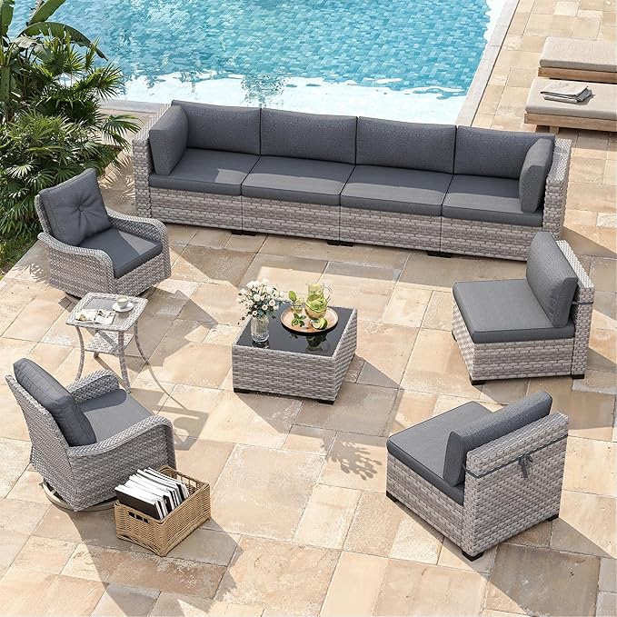 8-Seat Modern Patio Furniture Set with Swivel Rocking Chairs, Thick 4″ Cushions, Dual-Strand Wicker Rattan, Rust-Resistant Steel Frame – Outdoor Conversation & Modular Sectional,Black