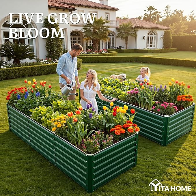 YITAHOME 8x4x2ft 2pcs Large Raised Garden Bed, Galvanized Metal Planter Box with Gloves, Ground Nails, Support Rod & Safety Rubber, Outdoor Above Ground Planters for Plants Vegetables Flowers, Green