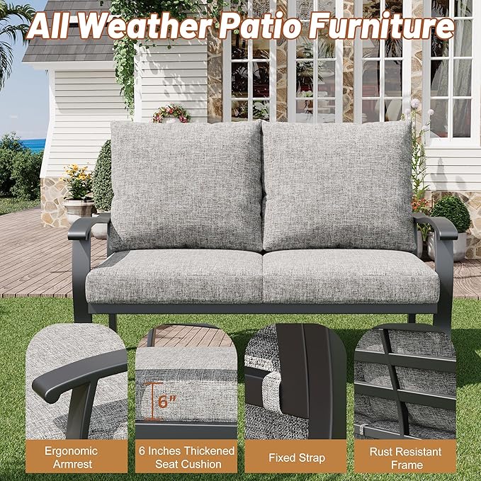 HOMREST Outdoor Loveseat Aluminum Patio Furniture Sofa, All-Weather Metal Outdoor Couch with Cushions, Grey