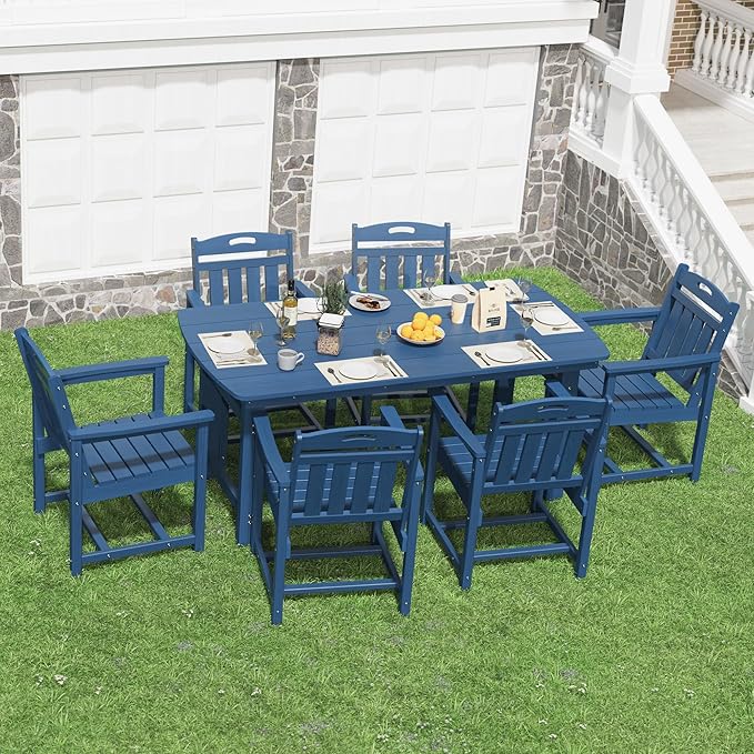 HDPE Outdoor Patio Dining Set with Table & 6 Chairs, All-Weather 7-Piece Outdoor Table and Chairs, 2" Umbrella Hole, Patio Furniture for Garden, Backyard, Deck | Navy Blue