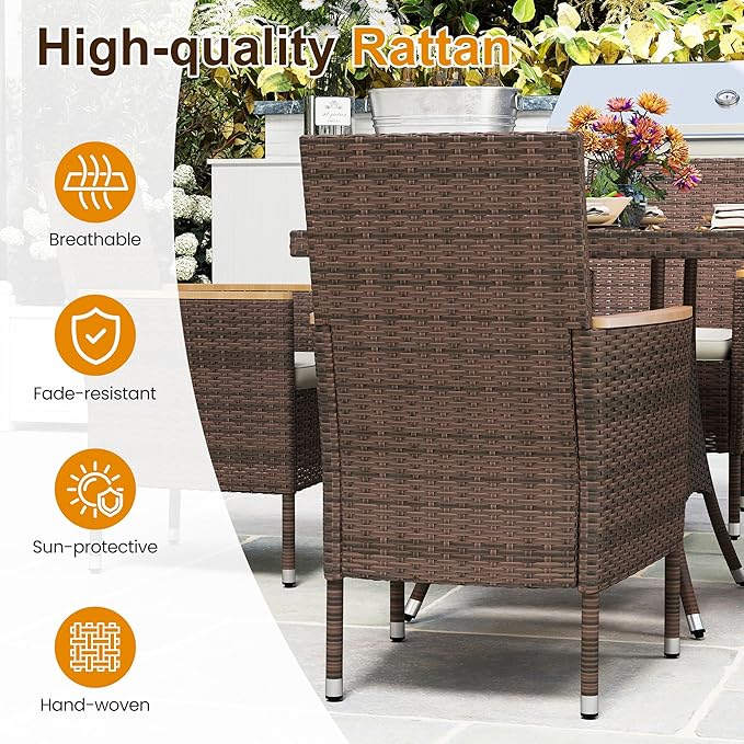 Wisteria Lane 10-Pieces Outdoor Patio Table and Chairs, Rattan Patio Table Set with Acacia Wood Tabletop, Patio Dining Furniture Set for 8 with Removable Cushions for Deck Garden Backyard, Brown