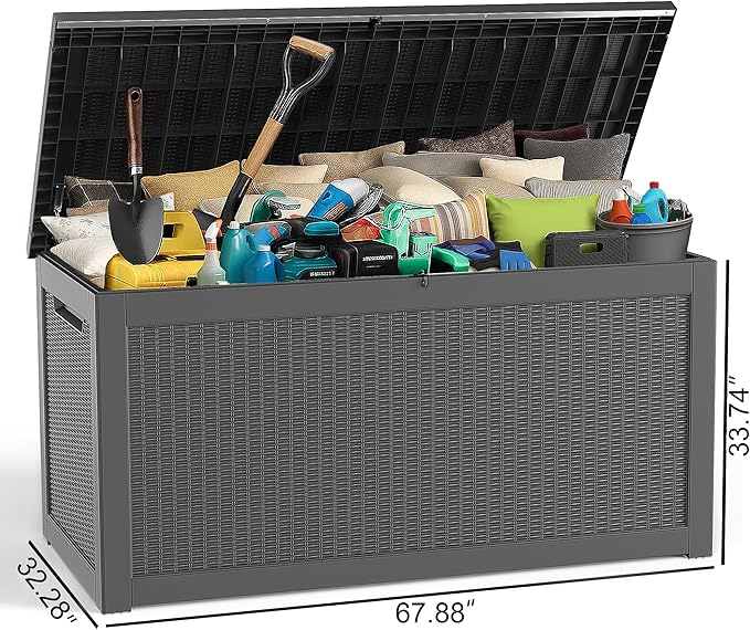 ROJIK Outdoor Storage Housing Deck Box - Waterproof Patio Furniture, Garden Tools, Cushions, Pool Accessories Storage Bench with Lockable Lid and Side Handles (Black, 315 Gal)