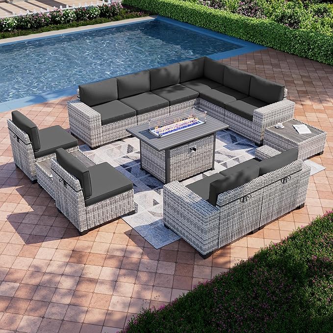 13-Piece Outdoor Patio Furniture Set with 55,000 BTU Fire Pit Table, PE Wicker Rattan Sectional Sofa Patio Conversation Set with Coffee Table, Dark Grey