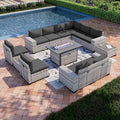 13-Piece Outdoor Patio Furniture Set with 55,000 BTU Fire Pit Table, PE Wicker Rattan Sectional Sofa Patio Conversation Set with Coffee Table, Dark Grey