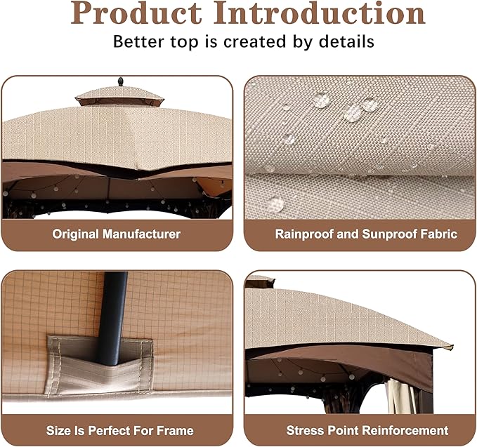 SCOCANOPY Light Beige Ripstop Replacement Top for Lowe's Allen Roth 10X12 Gazebo Model #GF-12S004B-1/ GF-12S004BTO