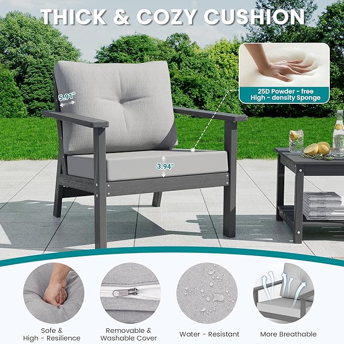 7-Piece HDPE Patio Furniture Set, Outdoor Sectional Sofa Set,All Weather Outdoor Couch with Dust-Free Cushions, Durable Patio Conversation Sets for Balcony, Porch, Gray