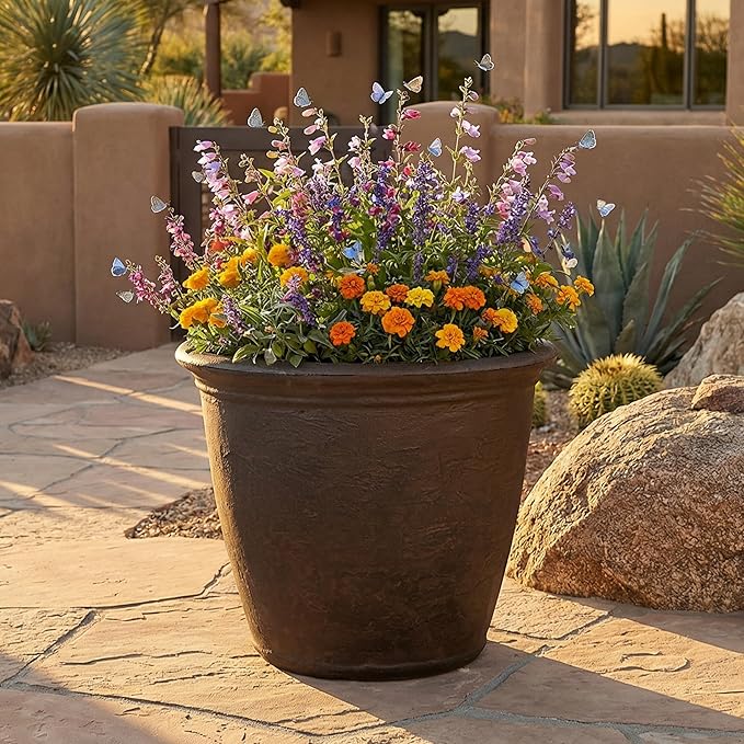 Sunnydaze 20-Inch Anjelica Large Plastic Pot for Plants - Outdoor Double-Walled Large Plastic Planter with Drillable Drainage Holes - Sable - 4pk