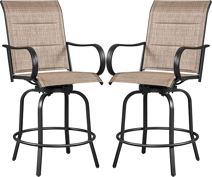 Yaheetech 2 Piece Patio Swivel Bar Stools Texteline Bistro Chairs with High Back/Armrest/Footrest, All Weather Padded Seating Outdoor Furniture Chairs for Outside, Lawn & Garden?Black/Brown