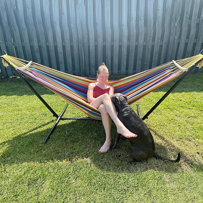 SZHLUX Double Hammock with Stand for Outside 450lb Capacity Steel Stand, Premium Carry Bag Included and Two Anti Roll Balance Beam