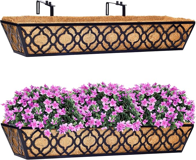 HFHOME 2 Pcs 30" Window Box Deck Railing Planter with Horse Trough Coco Liners, Black Metal Hanging Flower Planters Baskets for Indoor, Outdoor, Balcony, Porch, Fence, Patio, and Lawn