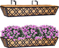 HFHOME 2 Pcs 30" Window Box Deck Railing Planter with Horse Trough Coco Liners, Black Metal Hanging Flower Planters Baskets for Indoor, Outdoor, Balcony, Porch, Fence, Patio, and Lawn