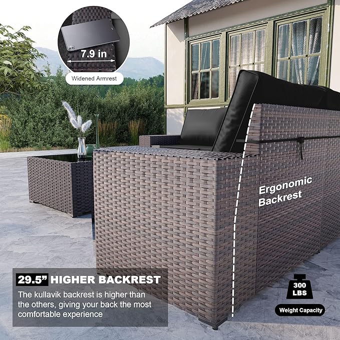 Kullavik 13PCS Outdoor Patio Furniture Set with 43" 55000BTU Gas Propane Fire Pit Table PE Wicker Rattan Sectional Sofa Patio Conversation Sets,Black